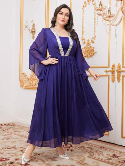 Modelyn 大尺碼閃閃發光拼接喇叭袖連身裙