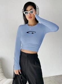 SHEIN Unity Moon And Star Print Cropped T-Shirt - Blue - View 3