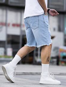 Manfinity LEGND Nam Kích thước lớn Rách Và Frayed Cạnh Quần short Denim - Rửa nhẹ - Xem 6