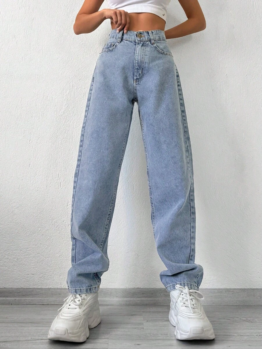 SHEIN PETITE High Waist Straight Leg Jeans - Medium Wash - View 1