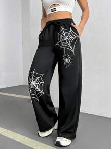 SHEIN EZwear Pantalones De Chándal Con Pierna Recta Y Diseño De Araña Para Mujer - Negro - Ver 3