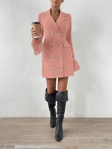 SHEIN Privé Vestido Con Puños Peludos Y Solapa De Color Liso Con Doble Botonadura - Rosa - Ver 3