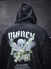 Manfinity LEGND 男裝大尺碼連帽衫,帶有天使圖案和標語,下垂肩設計 - 黑色 - 查看 4