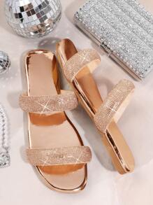 Women'S Fashionable Sparkly Flat Sandals - Rose Gold - View 1