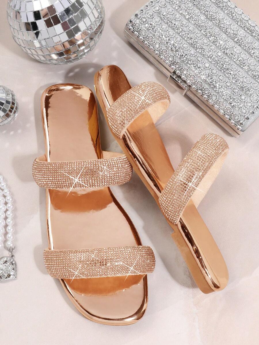 Women'S Fashionable Sparkly Flat Sandals - Rose Gold - View 1