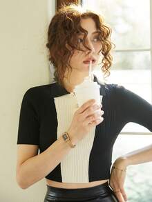 Knit Mix Color Block Short Sleeve Knitted Top - Black - View 6