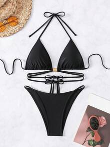 SHEIN Swim Conjunto de bikini de copa triangular de unicolor - Negro - Ver 3