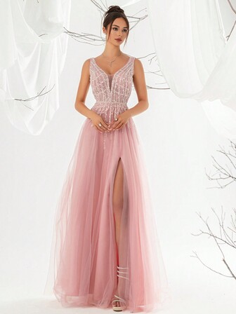 VIPGIRL Women's Elegant Sequin Decorated Mesh Evening Cocktail Dress Formal Prom Wedding Guest Gown, For Graduation, Dinner Party Dress