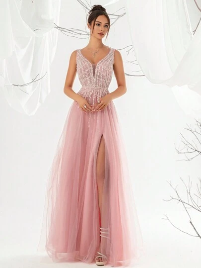 VIPGIRL Women's Elegant Sequin Decorated Mesh Evening Cocktail Dress Formal Prom Wedding Guest Gown, For Graduation, Dinner Party Dress