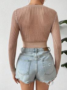 Chiquease 女士镂空针织短款套头衫秋冬毛衣 - 卡其色 - 查看 2