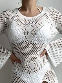 SHEIN Swim 女式高開衩鏤空罩衫 - 白色 - 查看 5