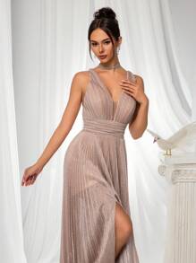 VIPGIRL 女士露背高侧开衩晚礼服长款优雅舞会婚礼宾客礼服，适合毕业典礼、晚宴派对礼服 - 玫瑰金 - 查看 6