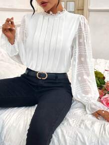SHEIN Privé Women's Mesh Yoke Ruffle Long Sleeve Shirt - White - View 3