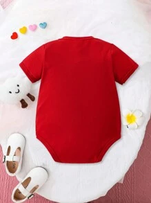 女嬰字母心形印花短袖連體衣 - 酒紅色 - 查看 2