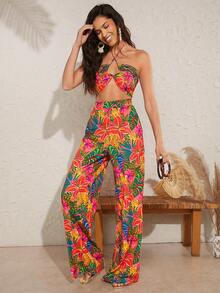 Hauture Tropical Halter Tie Top & Pants Two Pieces Set - Multicolor - View 4