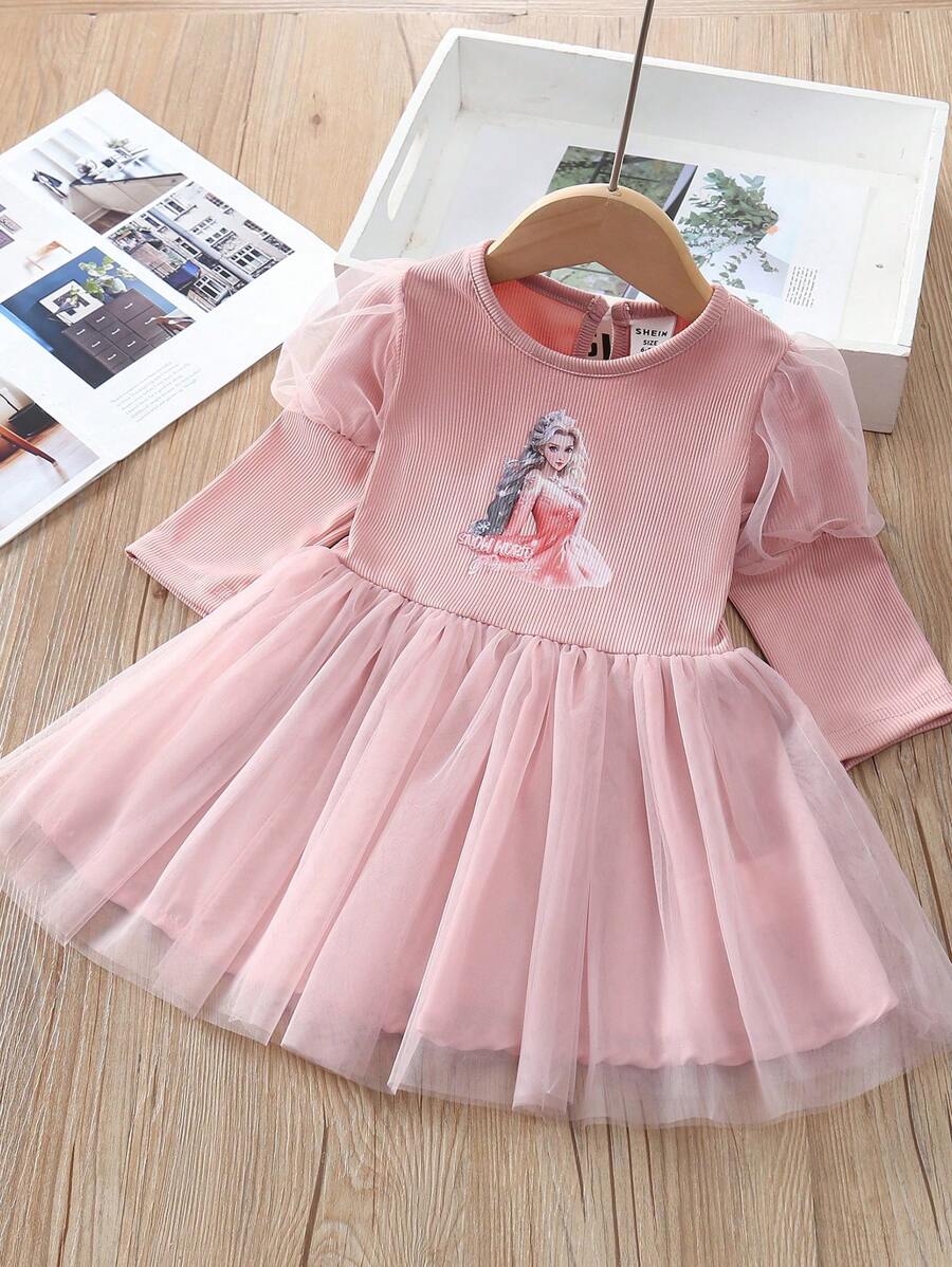 Vestido de malla con contraste de estampado de dibujos animados para niñas bebés - Rosa - Ver 1