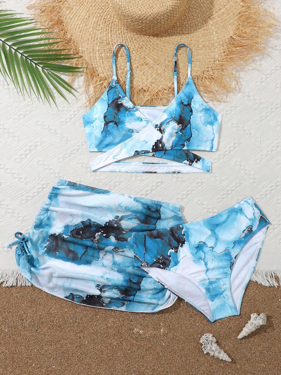 少女三件套大理石印花比基尼套装夏季海滩 - 藍色 - 查看 1