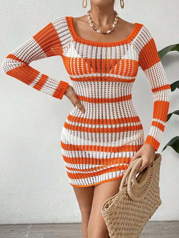 Women's Contrast Color Striped Knitted Sweater Dress With Hollow Out Detail Fall Cloth For Women