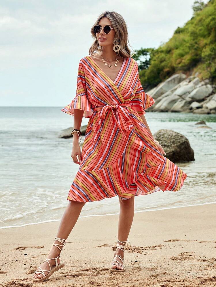 Women'S Striped Ruffled Sleeves Dress
