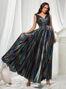 Vestido de noche plisado con escote en V y espalda descubierta holográfico para mujer