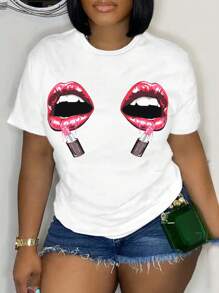 Maweii 唇形和口紅印花短袖t恤,女士輕微彈力休閒tee圓領上衣,適用於春夏,女性服裝 - 白色 - 查看 1