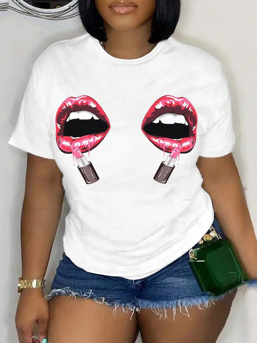 Maweii 唇形和口紅印花短袖t恤,女士輕微彈力休閒tee圓領上衣,適用於春夏,女性服裝 - 白色 - 查看 1