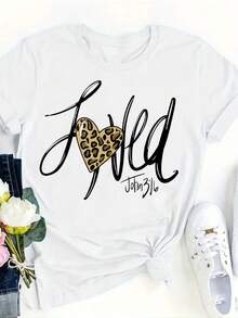 Calvaya 豹心印花t卹,女款加情人節短袖圓領休閒上衣春夏女裝 - 白色 - 查看 3