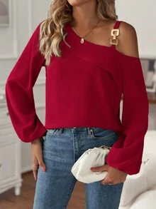 Chain Detail Asymmetrical Neck Lantern Sleeve Blouse - Red - View 4