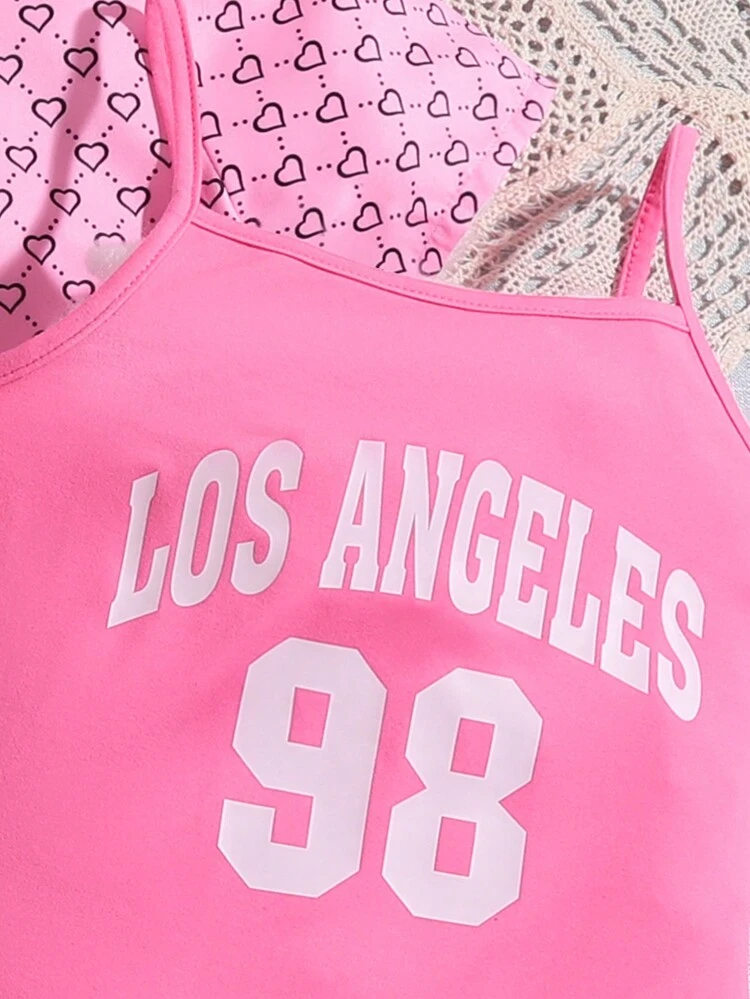 Tween Girl Cool Color Block Heart Print Shirt And Letter Print Cami Romper Two Piece Set For Streetwear