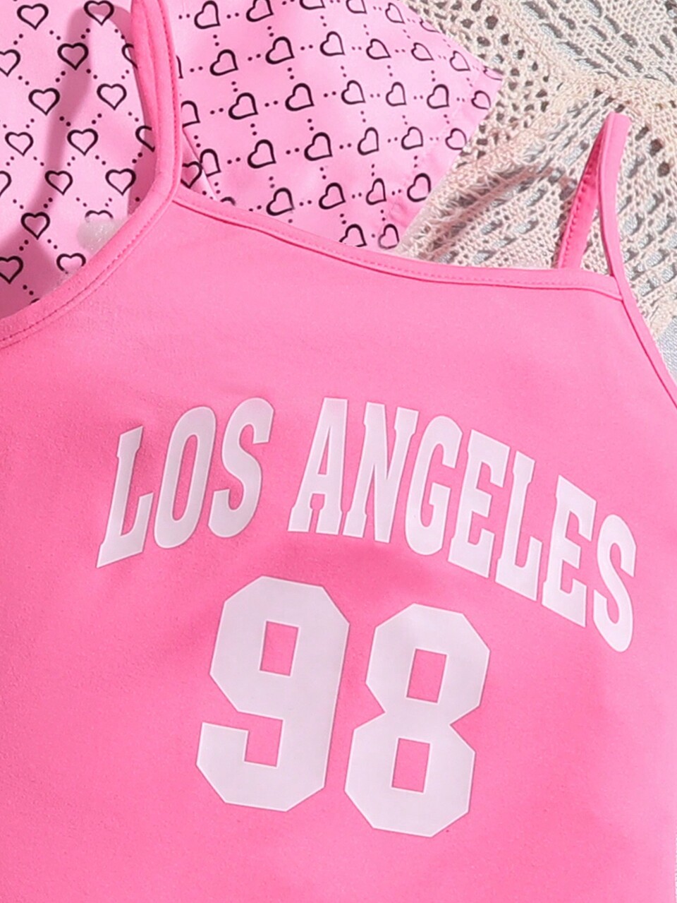 Tween Girl Cool Color Block Heart Print Shirt And Letter Print Cami Romper Two Piece Set For Streetwear