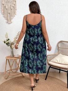 SHEIN Holidaya 加大碼女士葉子印花吊帶裙 - 藏蓝色 - 查看 2