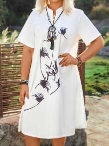 EMERY ROSE Plus Size Women'S Chinese-Style Buttoned Dress - White - View 3