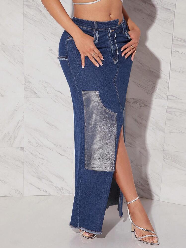 Women'S Asymmetrical Waist High Slit Denim Skirt