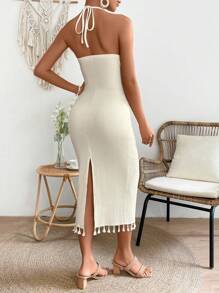 Breezaya 纯色挂脖流苏下摆连衣裙 超长度假海滩装 女式 - 杏色 - 查看 2