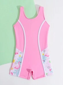 SHEIN Traje de baño de una pieza para niñas con estampado de dibujos animados y bloques de color con ribete contrastante