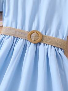 Teen Girl Puff Short Sleeve Belted Dress - Blue - View 4