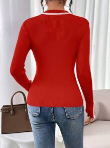 Chiquease Women's Side Slit Long Sleeve Pullover Knit Pullover Fall Winter Sweater - Orange - View 2