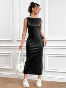 SHEIN Unity Vestido De Cuerpo Ajustado Sin Mangas Con Cuello Redondo Para Mujer - Negro - Ver 3