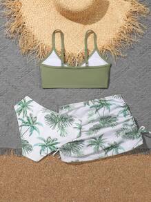 Tween Girl Random Palm Tree Printed Bikini Set (3pcs) Summer Beach - Green - View 2