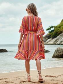 SHEIN LUNE Vestido De Mujer Con Mangas Con Volantes Y Rayas - Multicolor - Ver 2