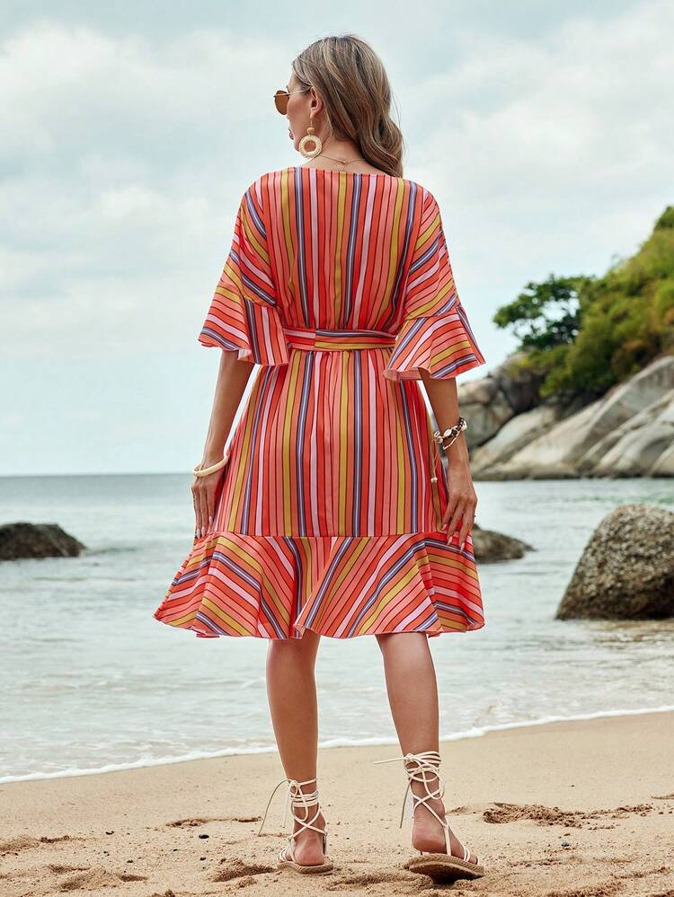 Women'S Striped Ruffled Sleeves Dress