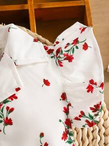 Bộ đồ liền thân cổ áo sơ mi in hoa thanh lịch và tay bồng cho bé gái, mùa xuân/hè - trắng - Xem 3