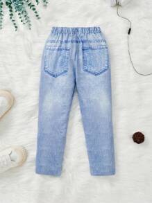 SHEIN 年轻女孩牛仔效果牛仔裤 - 淺藍色 - 查看 2