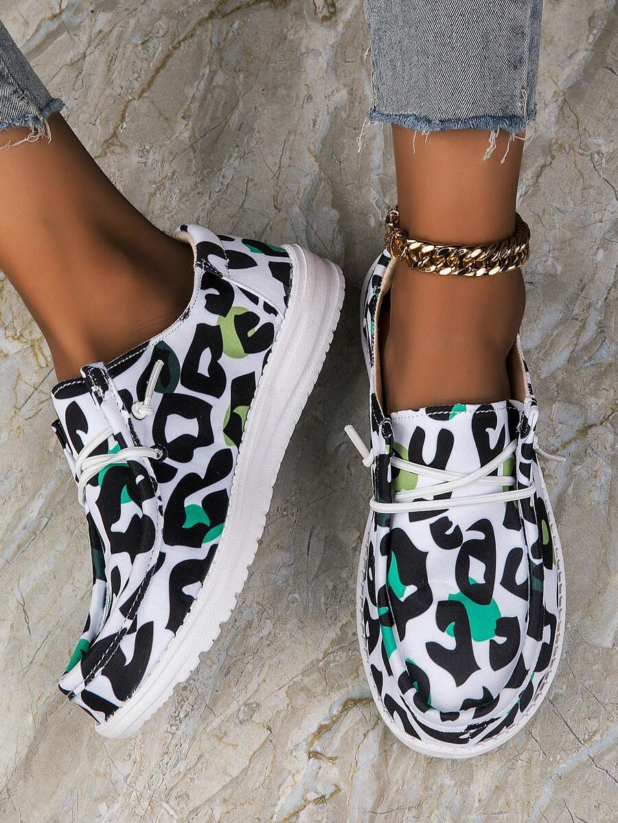 女士透氣輕質黑色豹紋運動休閒懶人鞋,時尚船鞋,防滑休閒運動鞋 - 彩色 - 查看 1