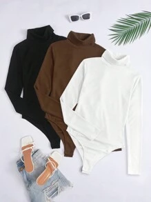 SHEIN Essnce Của phụ nữ Áo cao cổ Tay áo dài Áo liền quần chặt - Nhiều màu - Xem 3