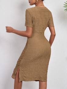 Chiquease Vestido Con Abertura Lateral De Manga Corta De Color Sólido Para Mujer - Negro - Ver 2