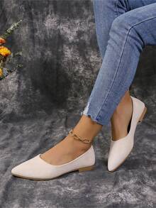 女用米色仿麂皮尖頭平底鞋,簡約休閒 - 米色 - 查看 1