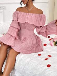 Chiquease Ladies' Off-Shoulder Bell Sleeve Dress Fall Cloth For Women - Baby Pink - View 4