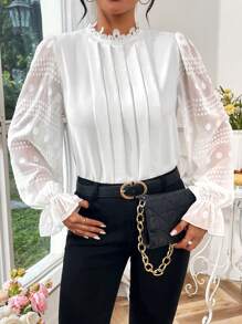 SHEIN Privé Women's Mesh Yoke Ruffle Long Sleeve Shirt - White - View 4