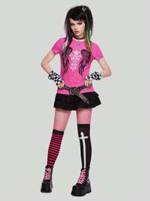 ROMWE Avant Scene Outfits Wings Graphic Tee - Hot Pink - View 1